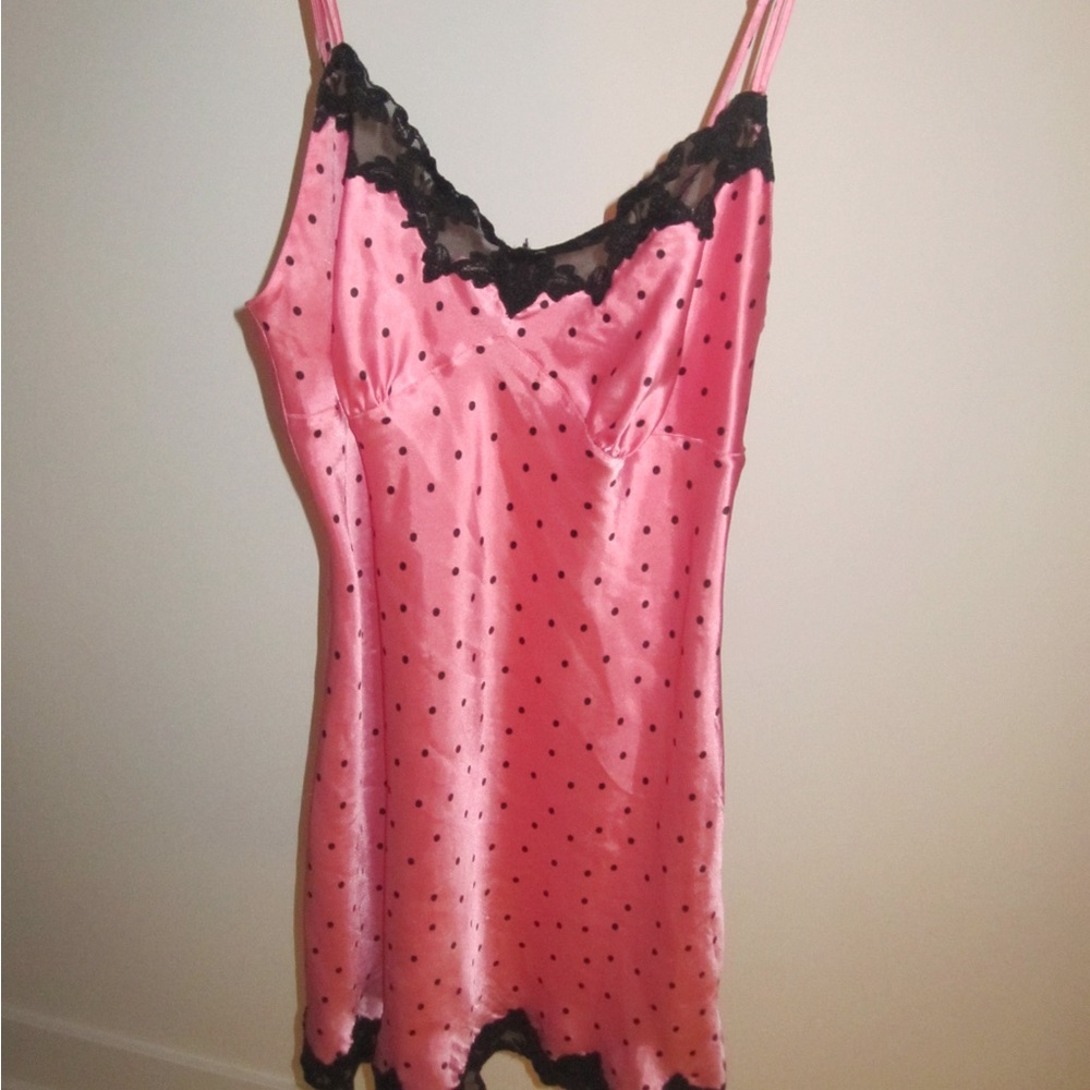 La SENZA Pink Satin Slip with Black Lace & Polka Dots